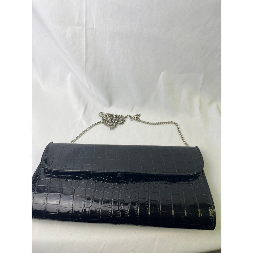 Black Faux Croc Patent Clutch Bag with Chain Strap